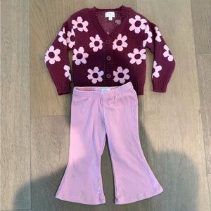 Burgundy Floral Cardigan with Pink Corduroy Flare Pants